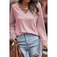 Azura Exchange Ribbed Texture Lace Trim V Neck Long Sleeve Top - S thumbnail
