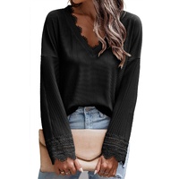Azura Exchange Ribbed Texture Lace Trim V Neck Long Sleeve Top - L thumbnail