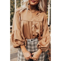 Brown Puff Sleeve Collared Pleated Babydoll Blouse - M thumbnail