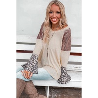 Leopard Sequin Patchwork Bell Sleeve V Neck Tunic Top - M thumbnail