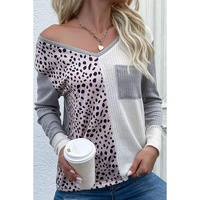 Leopard Patchwork Ribbed Color Block V Neck Top - L thumbnail