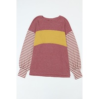 Red Colorblock Striped Bishop Sleeve Top - S thumbnail
