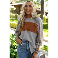 Gray Colorblock Striped Bishop Sleeve Top - XL thumbnail