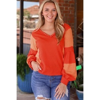 Red Studded V Neckline Exposed Seam Textured Knit Top - XL thumbnail