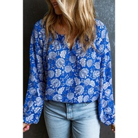 Blue Floral Notched V-Neck Long Sleeve Blouse - L thumbnail