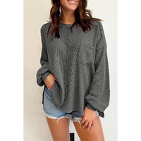 Gray Exposed Seam Patchwork Bubble Sleeve Waffle Knit Top - M thumbnail