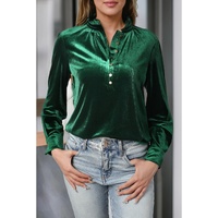 Blackish Green Frilled Neck Buttoned Front Velvet Top - L thumbnail