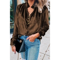 Desert Palm Frilled Neck Buttoned Front Velvet Top - 2XL thumbnail