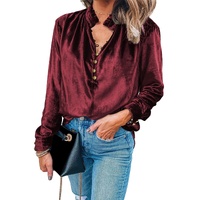 Biking Red Frilled Neck Buttoned Front Velvet Top - 2XL thumbnail