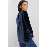 Navy Blue Frilled Neck Buttoned Front Velvet Top - 2XL thumbnail