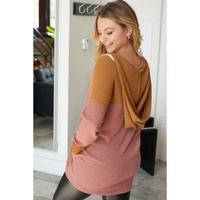 Brown Waffle Knit Patchwork Drawstring V Neck Hoodie - L thumbnail