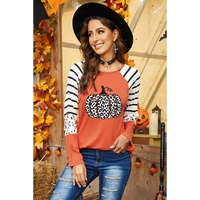 Orange Leopard Pumpkin Graphic Contrast Long Sleeve Top - S thumbnail