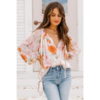 Azura Exchange Abstract Print Split Neck Puff Sleeve Blouse - L thumbnail