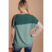 Green Color Block Long Sleeve Ribbed Loose Top - M thumbnail