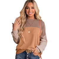 Khaki Color Block Long Sleeve Ribbed Loose Top - M thumbnail