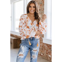 White Tassel Tie V Neck Bubble Sleeve Floral Blouse - M thumbnail