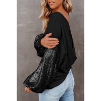 Black Sequin Patchwork Sleeve Open Back Waffle Knit Top - S thumbnail