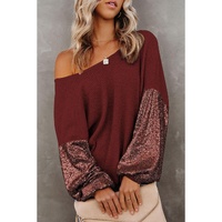 Biking Red Sequin Patchwork Sleeve Open Back Waffle Knit Top - L thumbnail