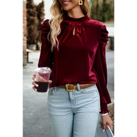 Azura Exchange Red Mock Neck Puff Sleeve Velvet Blouse - L thumbnail