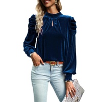 Sky Blue Fiery Mock Neck Puff Sleeve Velvet Blouse - L thumbnail