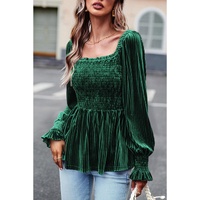 Blackish Green Smocked Ribbed Velvet Babydoll Top - L thumbnail