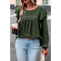 Blackish Green Lace Eyelet Ruffle Shoulder Long Sleeve Blouse - L thumbnail