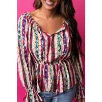 Multicolour Western Aztec Split Neck Peplum Blouse - L thumbnail