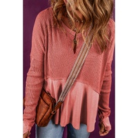 Mineral Red Exposed Seam Slit Neck Waffle Knit Patchwork Top - L thumbnail