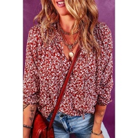 Biking Red Floral Print Smocked Tie Neck Blouse - L thumbnail