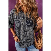 Navy Blue Vintage Boho Paisley Print 3/4 Sleeve Blouse - M thumbnail