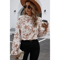 Flaxen Floral Print Frilled Neckline Flounce Sleeve Blouse - M thumbnail