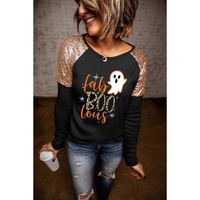 Black Leopard Boo Ghost Graphic Sequin Raglan Sleeve Top - S thumbnail
