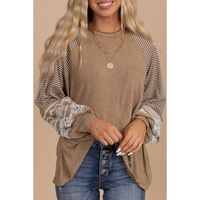 Light French Beige Floral Striped Patchwork Loose Long Sleeve Top - M thumbnail