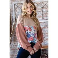 Printed Floral Contrast Colorblock Ribbed Top - S thumbnail