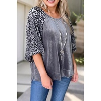 Azura Exchange Medium Grey Leopard Splicing Lantern Sleeve Velvet Blouse - L thumbnail