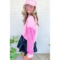 Azura Exchange Pink Sequin Patchwork Long Sleeve Pullover Top - L thumbnail