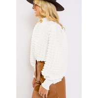 White Textured Smocked Mock Neck Puff Sleeve Blouse - L thumbnail