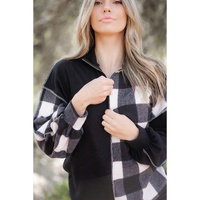 Black Checkboard Patchwork Exposed Stitching Collared Top - L thumbnail