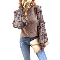 Pale Chestnut Ruffle Tiered Floral Sleeve Crew Neck Blouse - L thumbnail