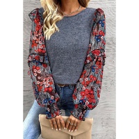Blue Ruffle Tiered Floral Sleeve Crew Neck Blouse - M thumbnail