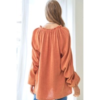Orange Crinkle Textured Frill Split Neck Puff Sleeve Blouse - L thumbnail