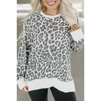White Printed Solid Trim Leopard Print Top - M thumbnail