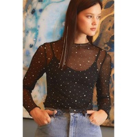 Black Rhinestone Sheer Mesh Slim Fit Long Sleeve Top - S thumbnail
