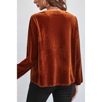 Gold Flame Lantern Sleeve Beaded Split V Neck Velvet Top - L thumbnail