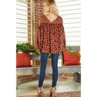 Brown Contrast Leopard Print Bubble Sleeve Blouse - L thumbnail