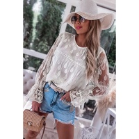 Beige Embroidered Mesh Flounce Sleeve Blouse - L thumbnail