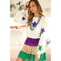 White Mardi Gras Star Printed Long Sleeve Top - L thumbnail