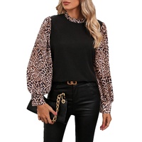 Black Contrast Leopard Print Lantern Sleeve Blouse - S thumbnail