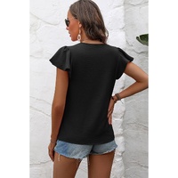 Black Solid Color Textured Pleated Flutter Sleeve Blouse - M thumbnail