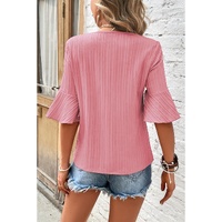 Peach Blossom Ruffled Half Sleeve V Neck Textured Top - M thumbnail